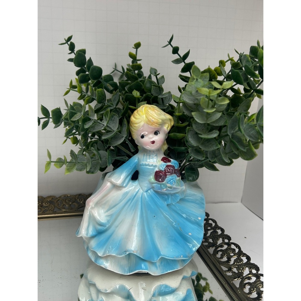 Planter Lady Figurine Ceramic Blue Dress Girl Mid Century Modern Style Vintage